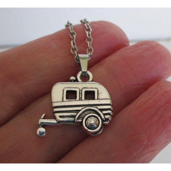 New Retro Style Camper Pendant Necklace 20" Stainless Chain Travel Trailer Gift - Picture 2 of 5